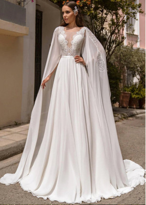 Ivory Lace Chiffon Wedding Dress With Detachable Cape